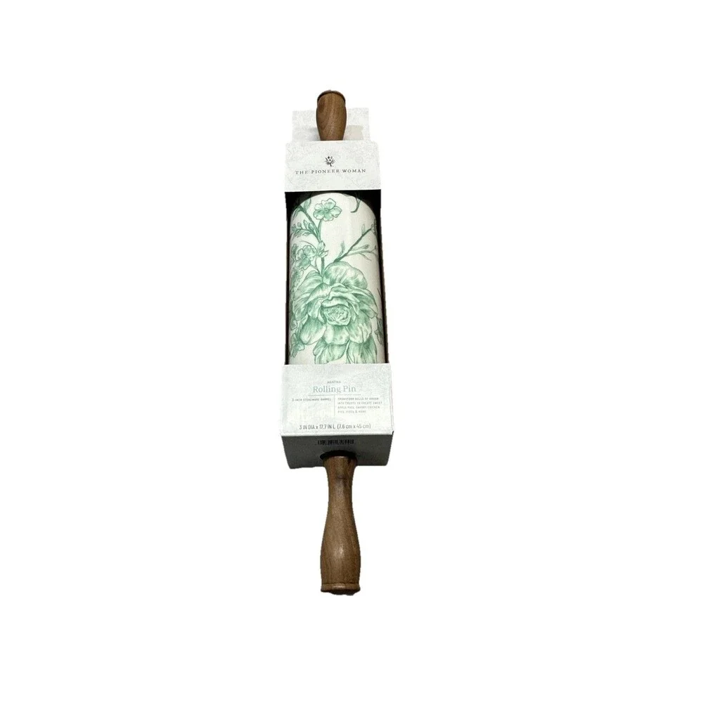 NEW-Pioneer Woman AGATHA Green Rolling Pin-Olivewood Handles-Butterflies